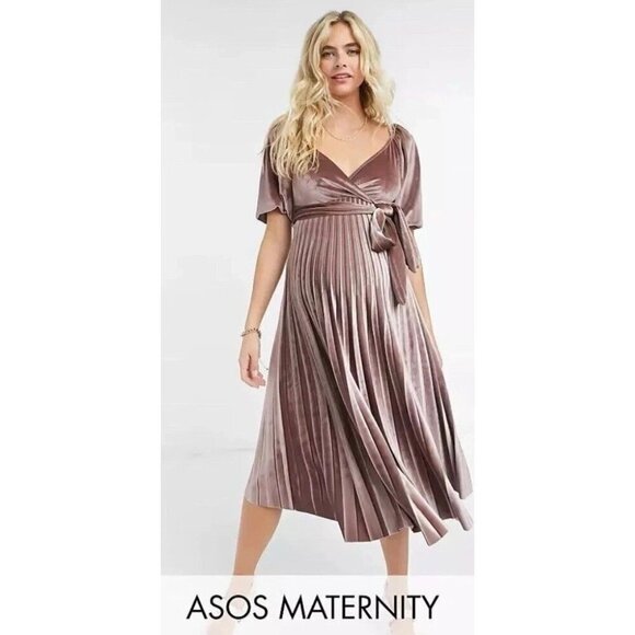 ASOS Design Maternity Woman's Sz 8 Velvet Midi Dusty Pink Pleated Dress NWOT - Picture 1 of 10